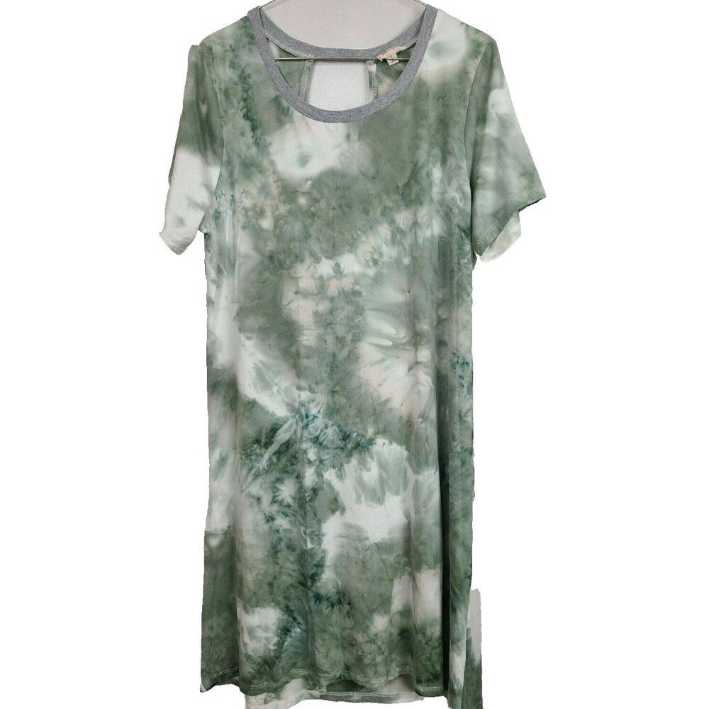 Hem & Thread Womens BOHO T-Shirt Dress Small Green Tie Dye Open Back Casual New‎